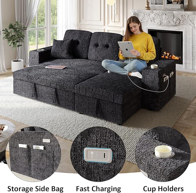 90 Inch Sleeper Sofa Bed 4 in 1 Pull Out Couch Bed with Adjustable Backrest | Reversible Storage Chaise | Wide Armrest | Tool Free Assembly Sectional Couches for Living Room Black Chenille