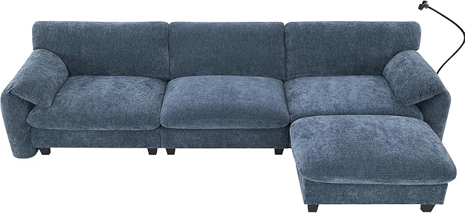 108 Modular Sectional Sofa L-Shape Upholstered Couch with Free Movement Ottoman Phone Holder and 2 Side Storage Pockets 31.5 Extra-Wide Seat Cushion Striped Chenille (Blue Gray/511)
