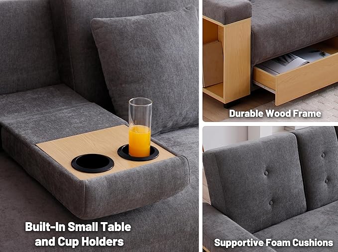 JOYBASE Modular Sectional Sofa Couch with Storage Ottoman 3-Seater Convertible Sofa Bed with Reversible Armrest Drawers and Cup Holders for Apartment Living Room (Grey)