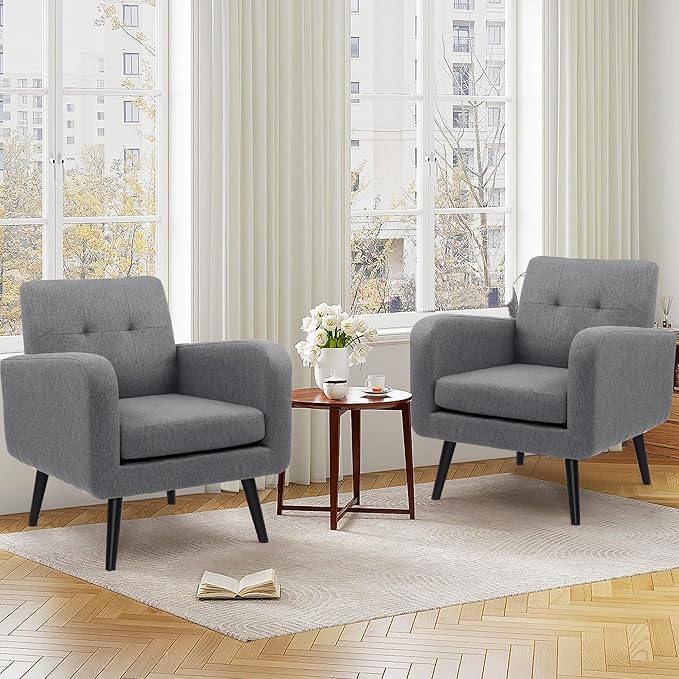 LSSPAID Modern Accent Chairs Upholstered Fabric Cozy Armchairs Living Room Side Chair with Solid Wood Legs Gray