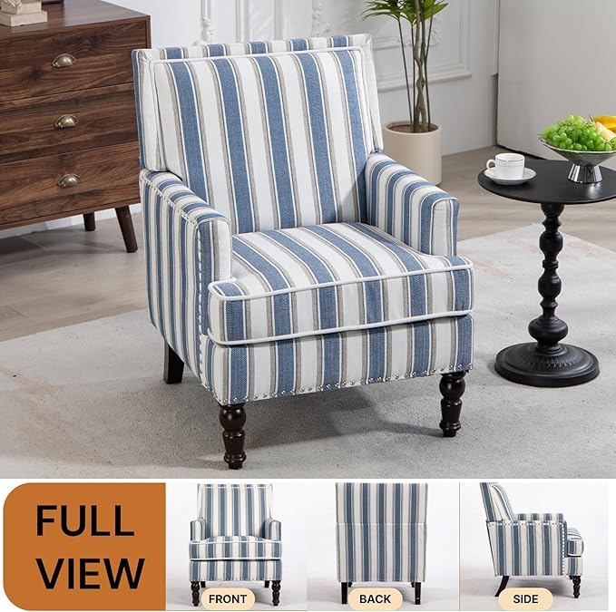 Coastal Style Stripe Accent Chair Mid-Century Upholstered Armchair Single Sofa with Nailhead Trim Wood Legs for Living Room Patio Blue Stripes.