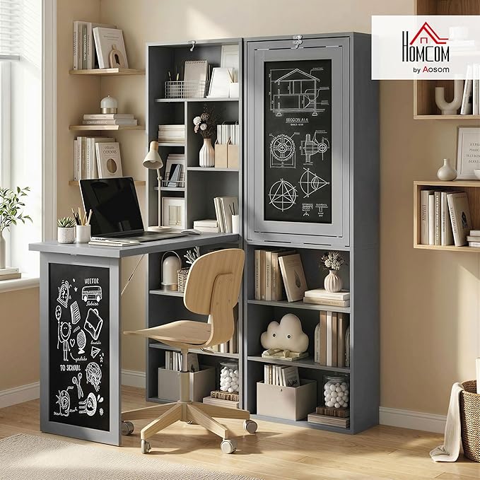 HOMCOM Fold-Out Convertible Writing Table Computer Desk with Blackboard and Side Shelf Multi-Function Home Office Workstation Charcoal Gray