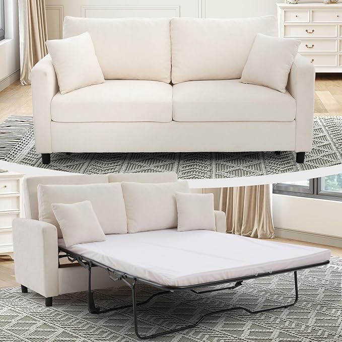 Antetek 72-inch Pull Out Sofa Bed with Mattress Convertible 2-in-1 Folding Full Size Chenille Futon Comfy Loveseat Sleeper Sofa Couch Bed with Square Arms for Guest Room Living Room Bedroom Beige