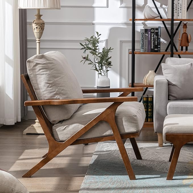 chairus Mid-Century Modern Accent Chairs Set of 2 Comfy Upholstered Lounge Armchairs with Removable Cushions &amp Solid Wood Frame Reading Chairs for Living Room Bedroom Office Beige Denim Fabric