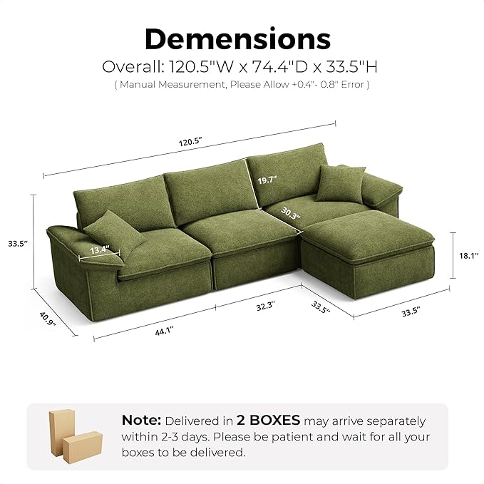 LIKIMIO 120 L-Shaped Modular Sectional Sofa Cloud Sectional Couch with Deep Seat Comfy Teddy Upholstery Oversized 3-Seater with Ottoman Boneless Couch for Living Room No Assembly Green