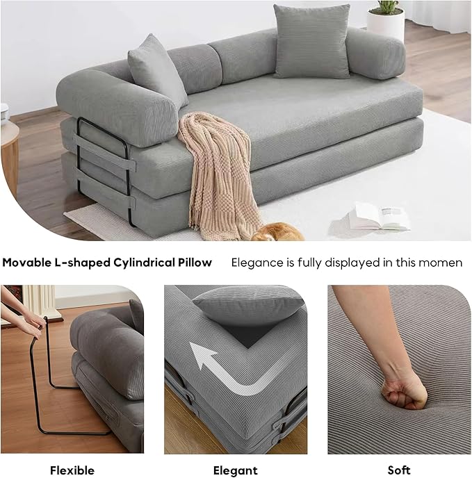 Convertible Sleeper Sofa Bed with Cylindrical Pillow Corduroy Folding Mattress Couch with Fixed-Shape Frame Floor Sofa Lounge Couch for Living Room Bedroom Lounge Studio-Grey