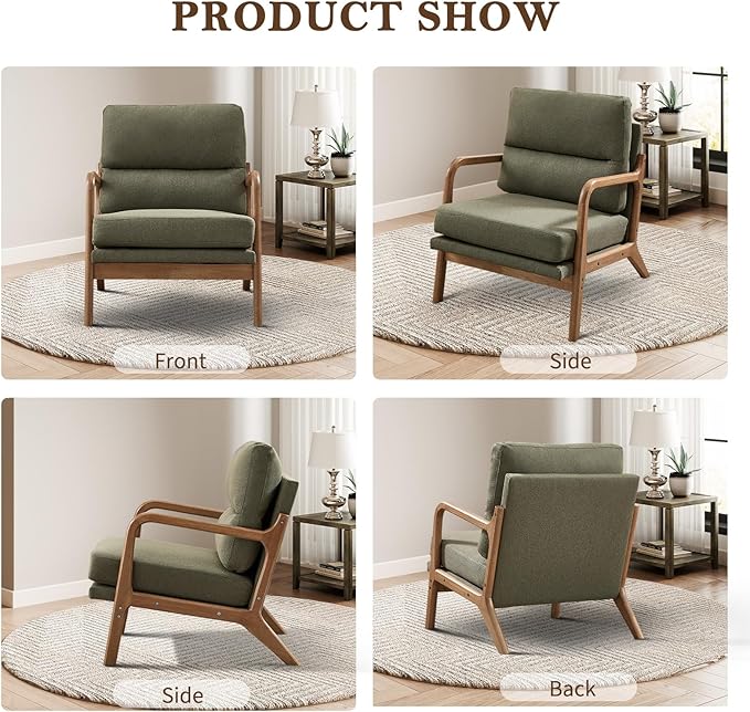 Mid Century Accent Chair Modern Living Room Chairs with Solid Wood Frame Reading Relaxing Armchair for Adults Lounge Chair for Living Room Bedroom Waiting Room-Green