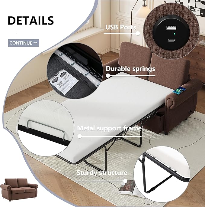 Pull Out Sofa Bed with Twin Size Memory Mattress 57.9 Linen Loveseat Sofa Sleeper Bed 2-in-1 Sleeper Sofa Bed Convertible Sofa for Living Room Small Spaces (Brown 072)