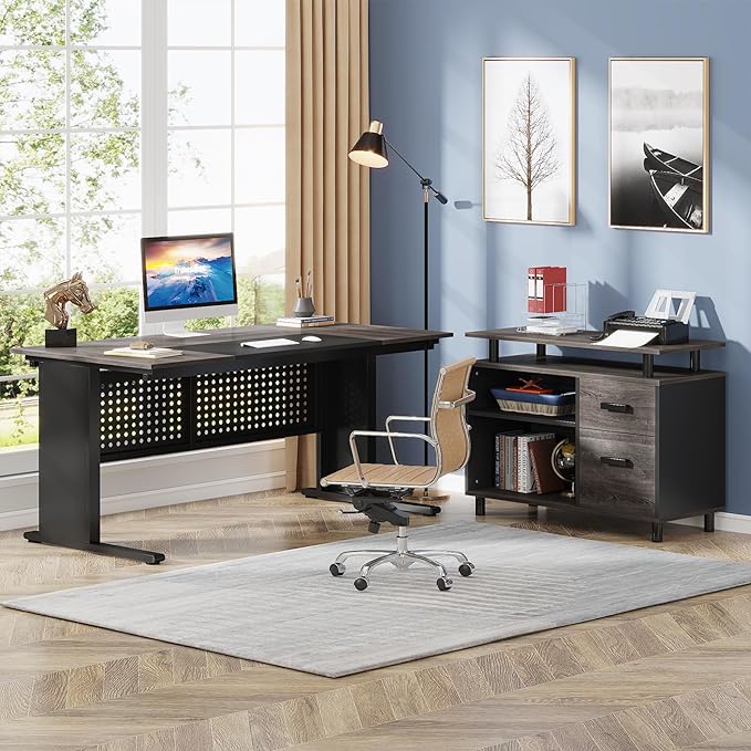 Tribesigns 63 Inch Executive Desk with File Cabinet L Shaped Office Desk with Drawers and Storage Shelves Business Furniture Set Workstation for Home Office Gray and Black