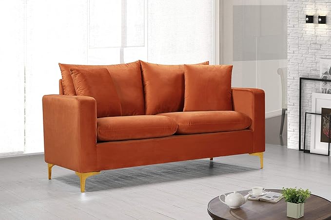 Meridian Furniture 633Cognac-L Naomi Collection Modern | Contemporary Velvet Upholstered Loveseat with Deep Channel Tufting and Rich Gold Stainless Steel Legs Cognac 58 W x 33.5 D x 30 H