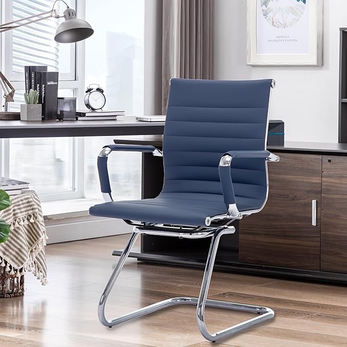 HNY Leather Office Guest Chairs &amp Reception Chairs Set of 6 Modern Waiting Room Chairs with Arms Desk Chair no Wheels with Sled Base for Waiting Room/Conference Room Navy