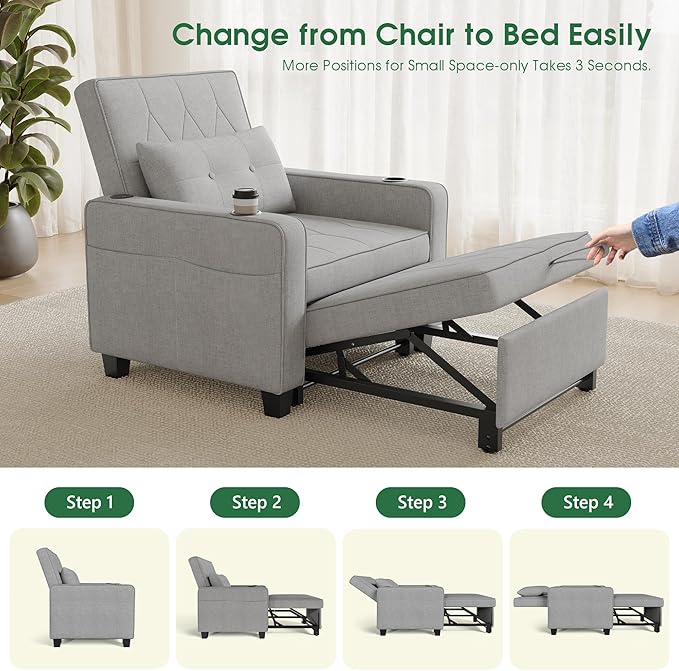 AILEEKISS 3 in 1 Convertible Sleeper Chair Bed Pull Out Sofa Chair Bed with Cup HoldersUSB &amp Type C PortsSide Pockets Linen Fabric Sleeper Single Sofa Couch for LivingroomApartmentOffice(Grey)