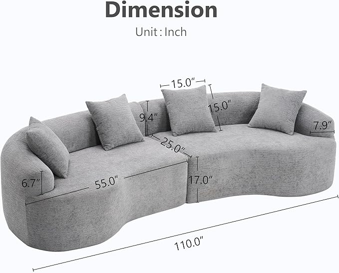 110'' Modern Curved Sofa Sectional Arc 4-Seater Foam Couch Compressed in-a-Box Boneless Cloud Couch with Extra-Deep-Wide Seats in Comfortable Chenille No Assembly Pearl Grey