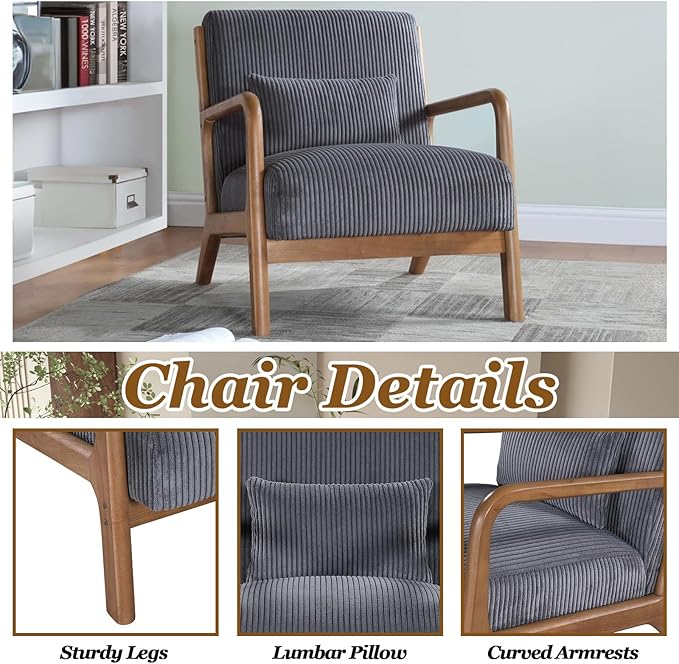 Midcentury Modern ChairWooden Grey Accent Chair with PillowCorduroy Arm Chair for Living RoomBedroomSmall Rooms (Gray)
