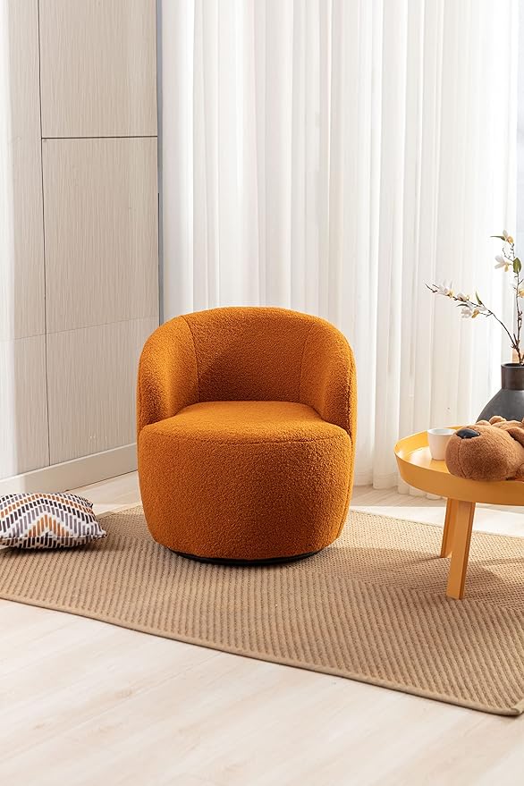 kevinplus Swivel Barrel Chair Accent Armchair for Living Room Bedroom 360 Degree Modern Round Upholstered Single Sofa Couch Chair Cozy Small Swivel Chair for Apartment Teddy Fabric Caramel Orange