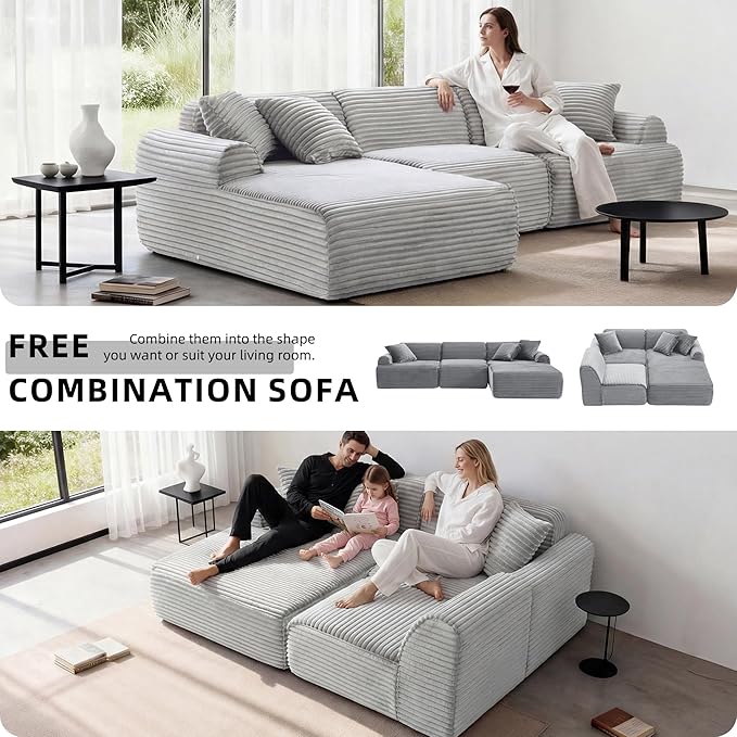 105”Cloud Couch Sectional Sofa Modular Boneless Sofa for Living Room and Apartments Deep Seat Corduroy L Shape Couch with Removable Washable Covers (Light Gray 3 Seater+Left Facing Chaise)