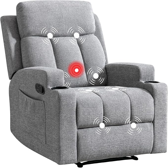 CANMOV Manual Massage Heat Recliner Chair Set of 2Soft Fabric Recliner Chair with Overstuffed Arm and Back Manual Reclining Single Sofa with 2 Cup Holders Side Pocket for Living RoomLight Grey