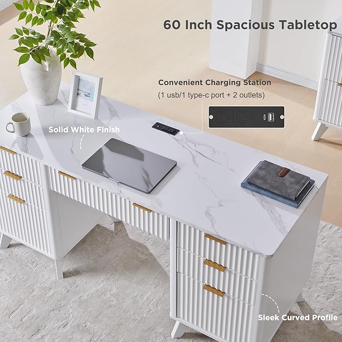 T4TREAM 60'' Fluted Executive Desk with Drawers Modern Home Office Computer Desk with Charging Station Keyboard Tray File Drawer and Storage Cabinet for Study Living Room Bedroom Solid White