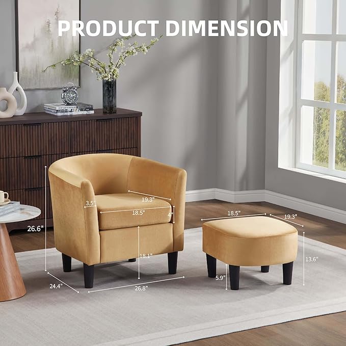 Green Swivel Accent Chair with Ottoman 360° Barrel Chairs with Foot Stool Comfy Reading Chair with Removable Pillow &amp 2 Armrest Covers for Living Room Small Spaces Bedroom (Chenille Yellow)