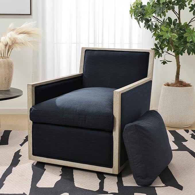 KINWELL 27 Wide Oak Wood Frame Performance Fabric Swivel Armchair No Assembly Down Fill Upholstered Swivel Barrel Chair with Removable Pillow Back for Living Room Bedroom (Indigo)