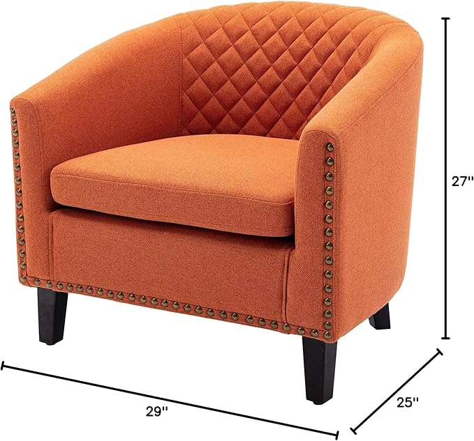 Accent Barrel Chair Living Room Chair with Nailheads and Solid Wood Legs Orange Linen