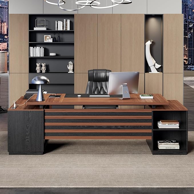 Executive L-Shaped Desk with Storage Cabinet 78-Inch Large Home Office Desks with Power Outlet and Lateral File Cabinet Modern Computer Desk with Drawers and Open Shelf Brown Black