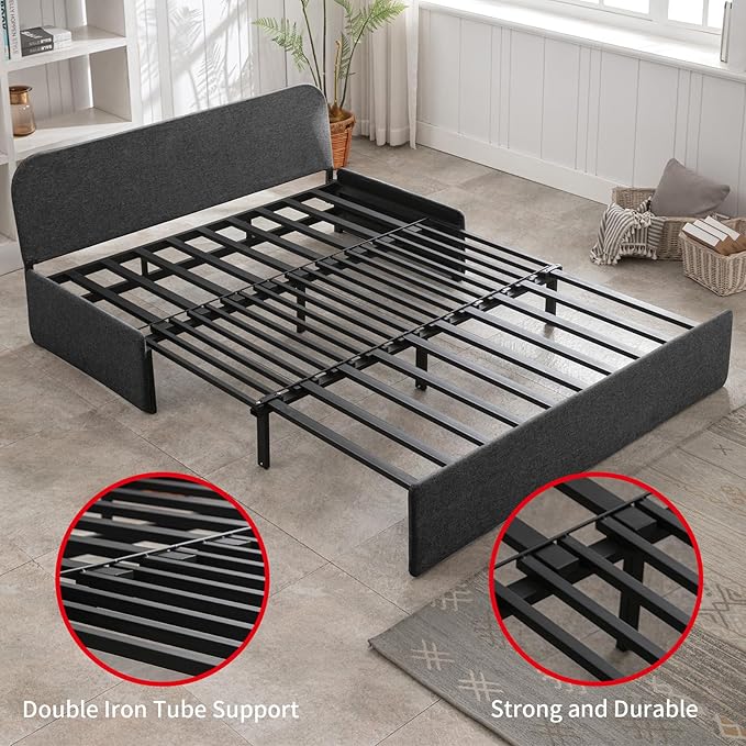PUREMIND Queen Size Pull Out Sofa Bed Linen Convertible Sleeper Sofa with Foldable Mattress Loveseat Pullout Couch Bed with 2 Cushion for Small Place Apartment Office - Dark Gray