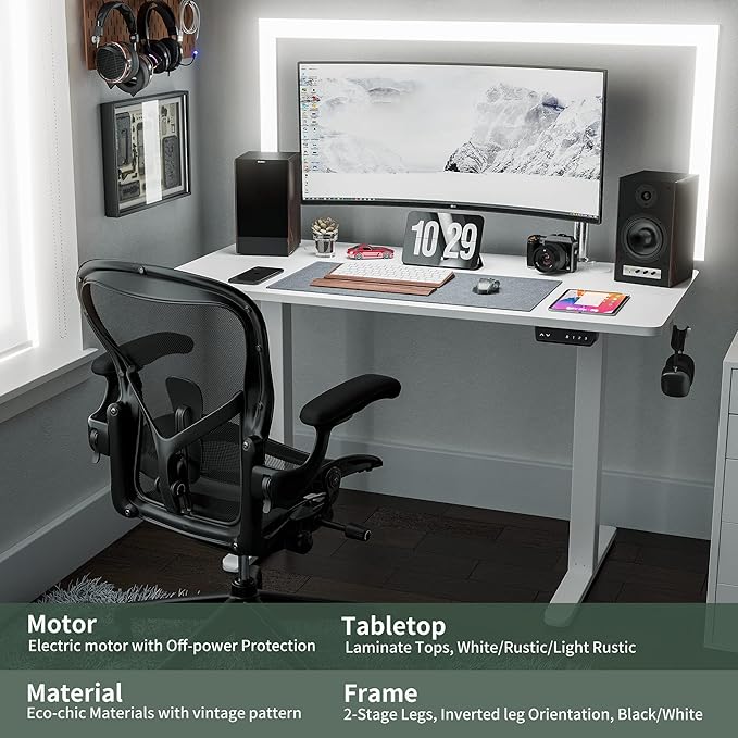 FEZIBO 40x24 Electric Height Adjustable Standing Desk Ergonomic Sit-Stand Home Office Workstation White
