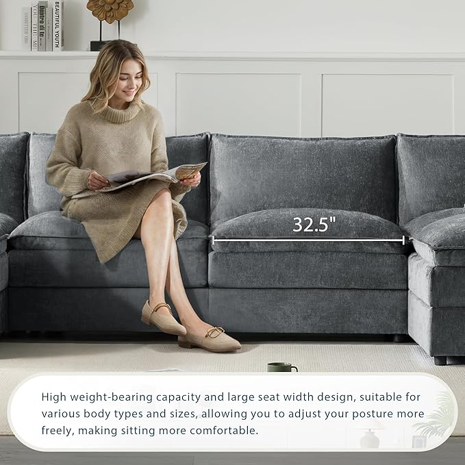 136 Chenille U-Shaped Modular Sectional Sofa with Deep and Wide SeatCloud Couch Set with Double Cushions6 Seat Sofa with Movable Ottomanfor Living Room Apartment Office (Dark Gray#h)