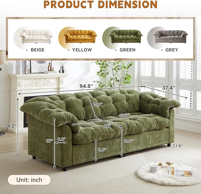 3-Seater Couch 94.8 inch Oversized Modern Comfy Tufted Chenille Fabric Cloud Fluffy Foam Deep Seat Soft Loveseat Sofa Couch for Living Room Bedroom Office Green
