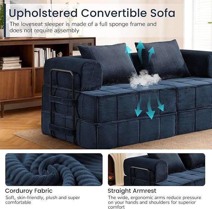 6-in-1 Convertible Sleeper Sofa Bed Corduroy Folding Mattress Couch with Fixed-Shape Frame Modular Foldable Boneless Couch Loveseat Couches with 2 Pillows for Living Room Bedroom Orange