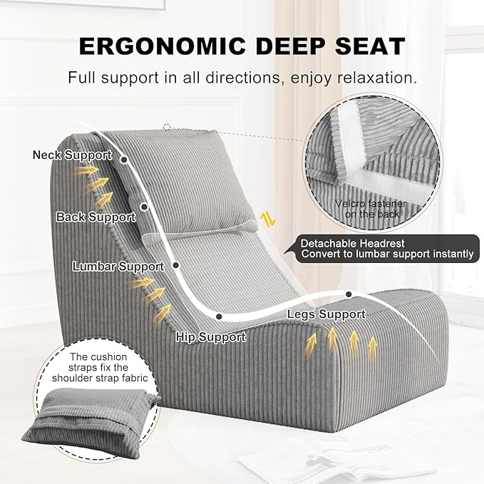 Giant Bean Bag Chair for AdultsCorduroy Chaise Lounge with Unrivaled Back Support Detachable Neck Pillow Comfortable Ottoman &amp Washable Cover for Living Room Bedroom Garden (Grey)