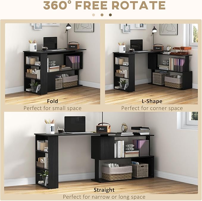 L Shaped Corner Desk 360 Degree Rotating Home Office Desk with Storage Shelves Writing Table Workstation Black