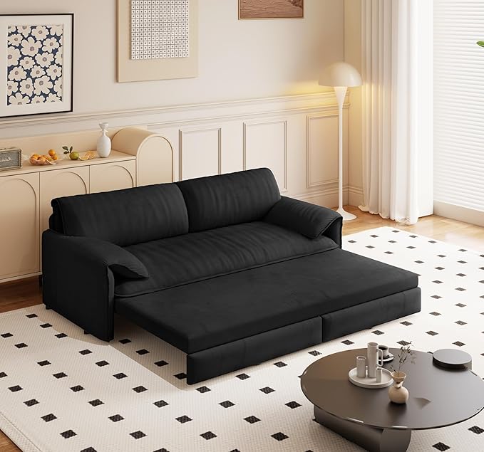 66 Sleeper Sofa Bed Queen Size 3-in-1 Convertible Couch Modern Pull Out Couches Comfy Velvet Futon Sofa Cloud Loveseat Lounge Pillow Arm for Small Spaces Living Room Apartment Black