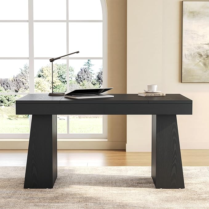 1Easylife 55 Inches Long Computer Desk Large Wooden Home Office Desk with Heavy Duty Pedestal Modern Simple Style Study Writing Desk for Home Office Black