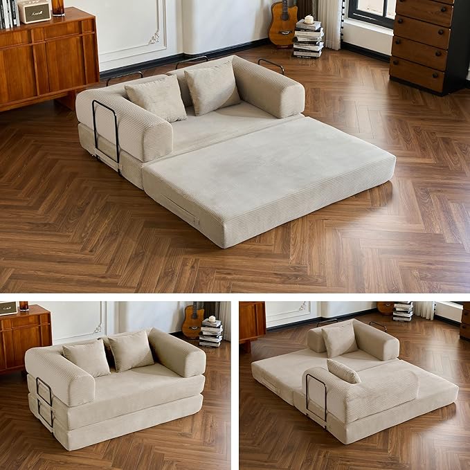 59 Folding Convertible Sofa Bed 5-in-1 Small 2-Seater Sofa Corduroy Futon Floor Couch with Pull-Out Sleeper Boneless Loveseat for Small Spaces Home Office Bedroom Apartment-Friendly (Beige1)