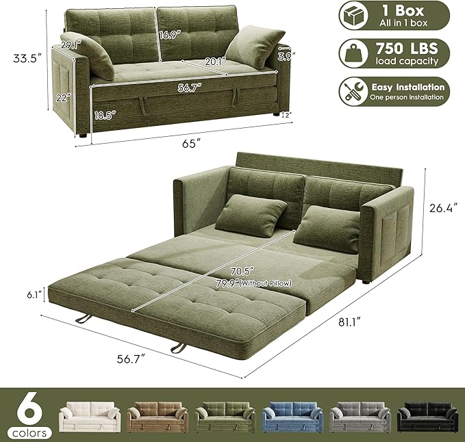 65 Convertible Folding Sofa Bed Pull Out Couch Love Seat Sleeper Bed Small Fold Out Loveseat Sleeper with Cup Holder and Pillow for Small Space Bedroom Lounge Dorm Living Room(Green)