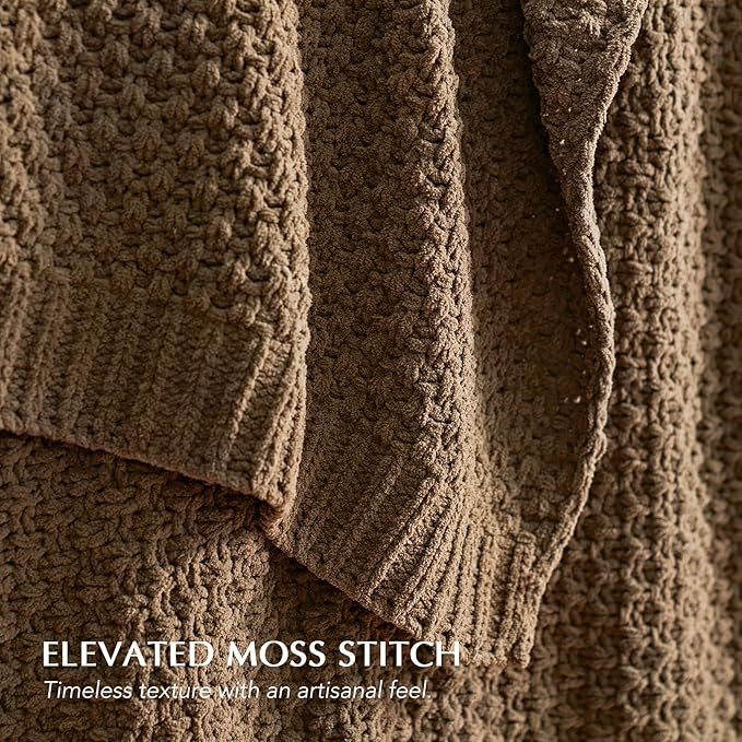 EVERGRACEHOME Chunky Chenille Knit Throw Blanket for Couch Soft Luxurious Moss Stitch Blankets for Bed Cozy Decorative Farmhouse Knitted Throws for Sofa Camel Brown 60 x 80