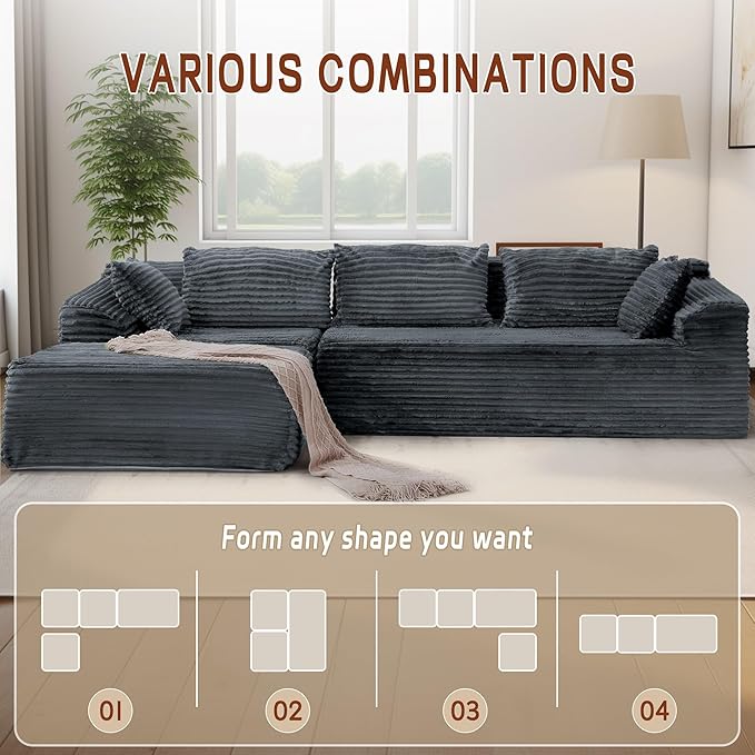 110 L-Shaped Modular Sectional Sofa with Chaise Boneless Comfy Corduroy Fluffy Couch with Deep Seat and Side Pockets Flexible Module Combination for Living Room No Assembly Side Pockets