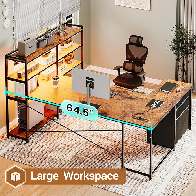 SEDETA L Shaped Desk with Storage Shelves 64.5 Reversible U Shaped Office Desk with 3 Fabric Drawers Gaming Desk with Power Outlet &amp LED Strip for Home Office Rustic Brown