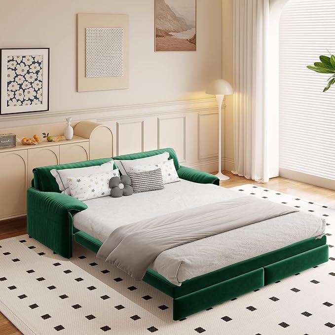 GNIXUU 66 Queen Pull Out Sofa Bed Velvet Convertible Sleeper Sofa Couch with Side Storage Comfy Cloud Futon Bed Pull Out Couch for Living Room Apartment Small Space(Green)