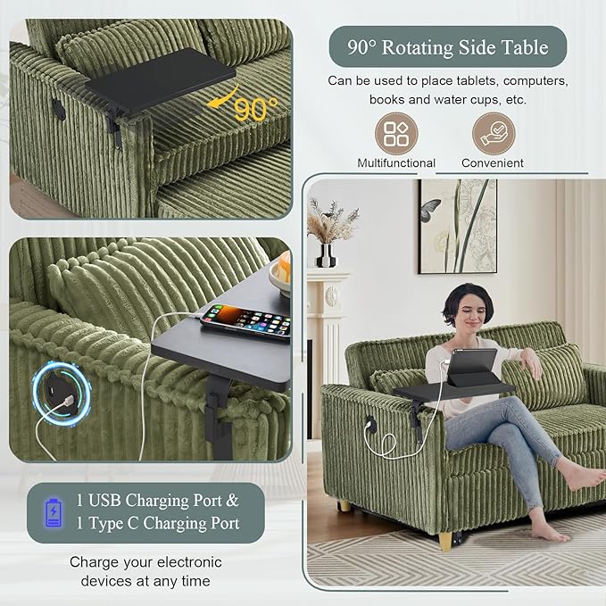 54W Convertible Sleeper Sofa Bed3-In-1 Corduroy Pull Out Couch BedFuton Loveseat Sleeper Couch with Adjustable Backrest &amp USB Ports &amp Side TableRecliner for Living Room/Office/Small Space(