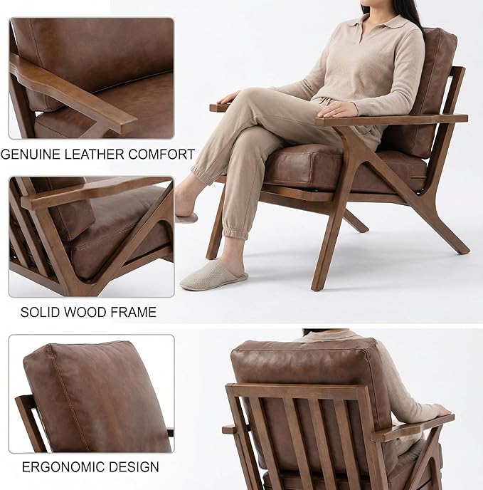 Mid Century Modern Accent Chair with Ottoman Farmhouse PU Upholstered Living Room Armchair and Ottoman Set 23 Seat Wide Retro Leisure Lounge Chair with Wood Frame for Home Bedroom Office Brown