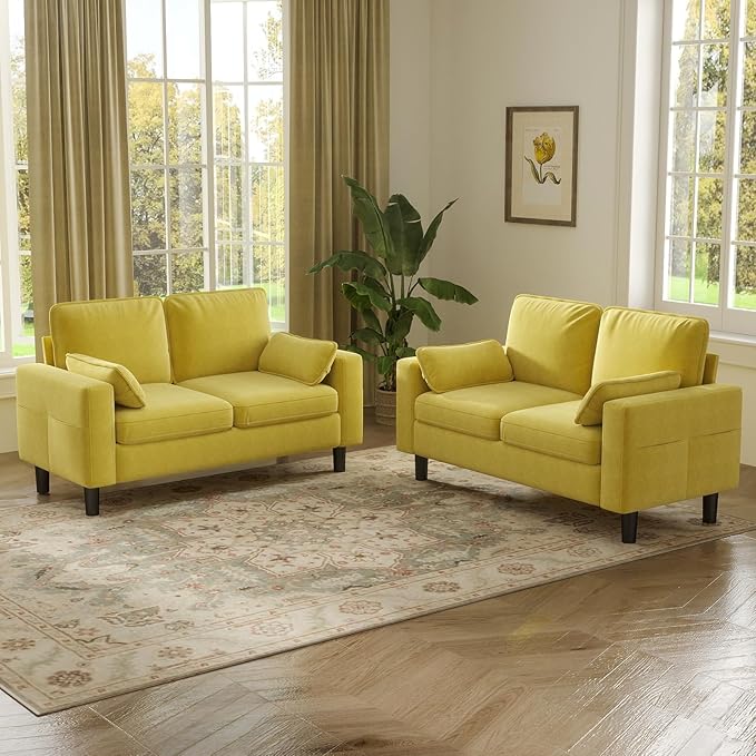 kinbor Small Couches for Small Spaces - Set of 2 Modern Loveseat Sofa with Magazine Pockets &amp Detachable Cover Durable Foam Couch for Living Room Office Salon Mustard Yellow