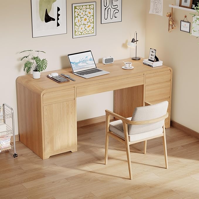 59-Inch Large Computer Desk with 5 Drawers and Storage Cabinet for Living Room Modern Wood Computer Desk for Home Office Bedroom Small Space Light Oak