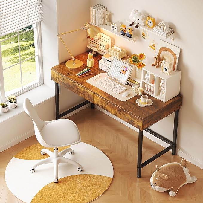 VERMESS 40 Inch Solid Wood Desk with Drawers Small Computer Desk for Small SpaceModern Makeup Vanity Desks No Mirror Writing/Study/Work Table for Home Office Kids Desks for Bedroom Rustic Brown