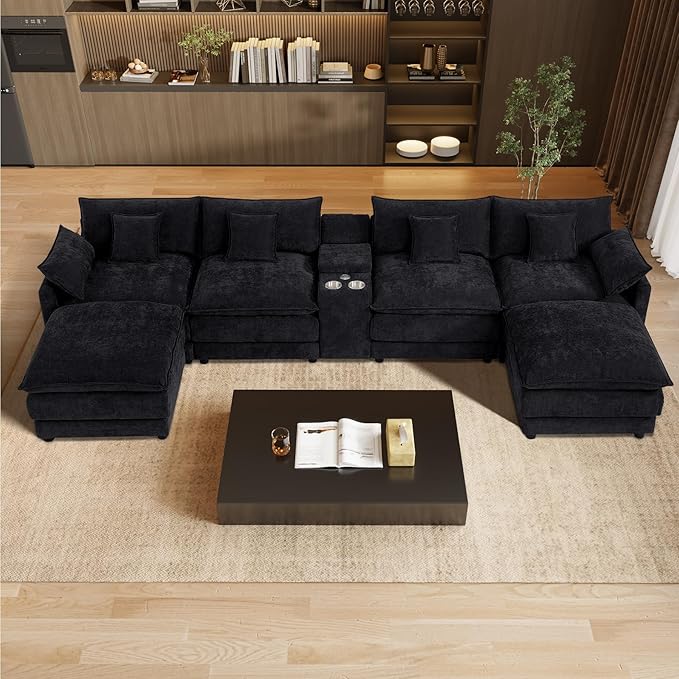 145 Oversized Modular Sectional Sofa U Shaped Cloud Couch Modern 6 Seat Sofa Set for Living Room Comfy Chenille Deep Seat with Storage Central Console Movable Ottomans Cup Holders USB Ports Black