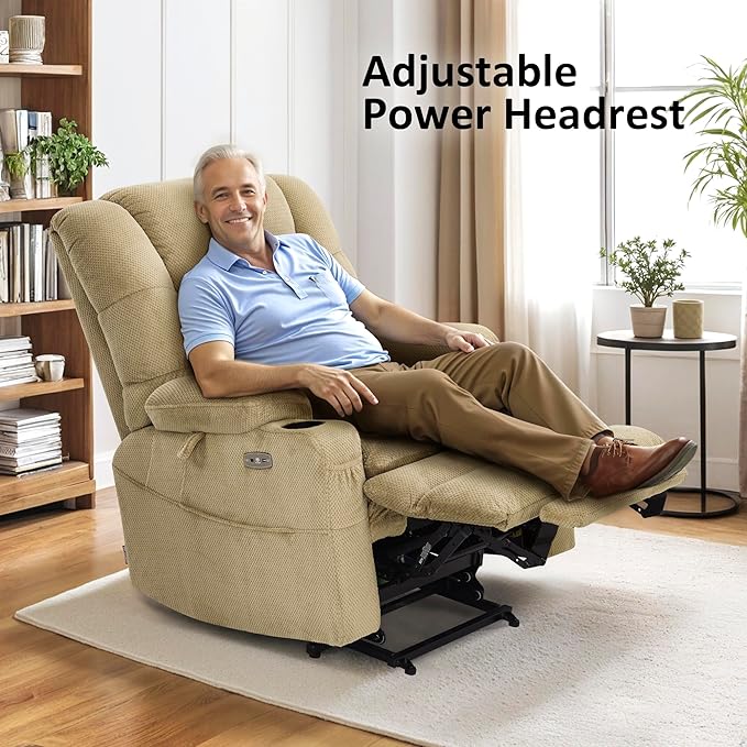 MCombo Oversized Triple Motor Power Lift Recliner Chair with Massage and Dual Heating Adjustable Headrest for Big and Tall Elderly People Fabric R7635 (Beige Large-Oversize)