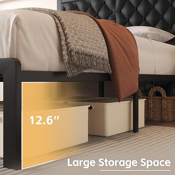 Queen Bed Frame with Headboard PU Leather Upholstered Bed Frame PlatformAll Metal Slats Support Platform Bed Frame with Storage SpaceEasy AssemblyNoise FreeNo Box Spring NeededBlack