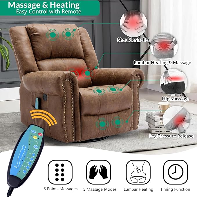 VIVIJASON Massage Swivel Rocker Recliner Chair with Heat &amp Vibration 360° Swivel Manual Glider Rocking Reclining Chair with Remote Control Side Pockets &amp USB Ports for Living Room Nut Brown